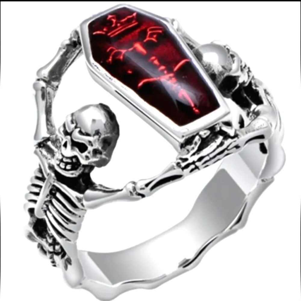 Hand crafted punk rock Zircon skull and casket men's ring sz 11